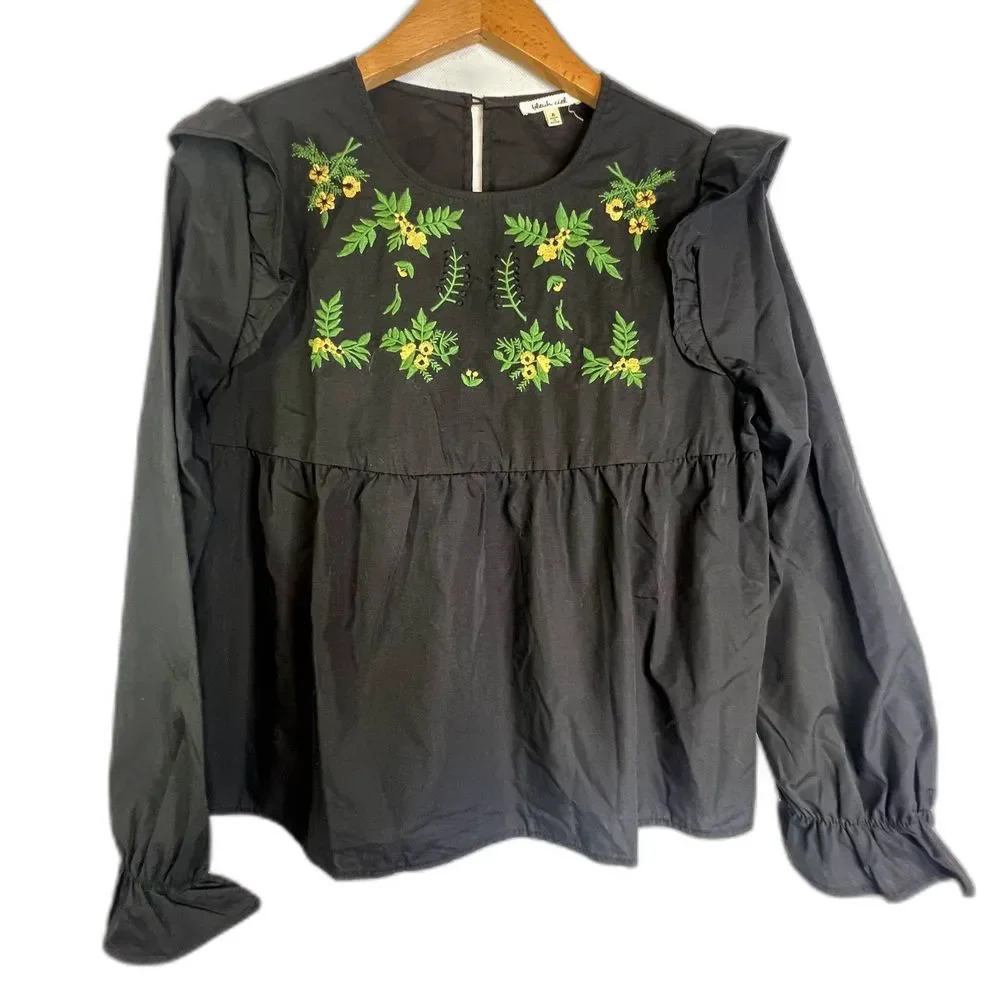 Bleuh‎ Ciel Black Embroidered Ruffle Detail Peplum Long Sleeve Blouse Size Small